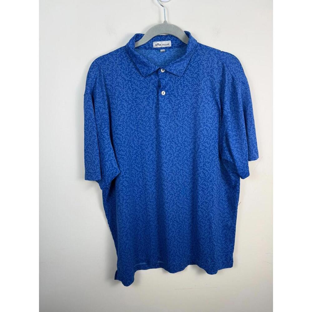 Peter Millar Crown Sport Coral Jacquard Knit Golf Polo Shirt Blue‎ Medium
